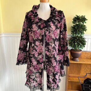 Elegant Tiara Moon Floral Lace Ruffle Cardigan Jacket With Ruffle Collar & Trim